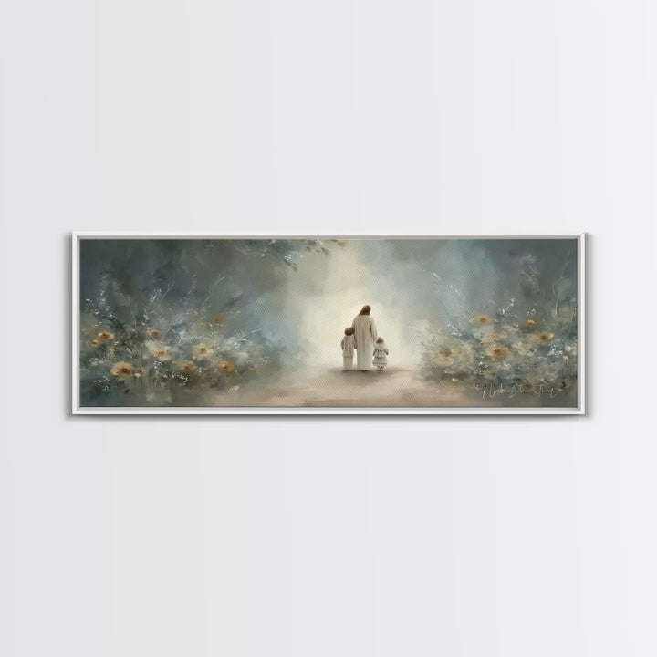 Golden Meadow Grace, Framed Canvas Print, Panoramic Wall Art, Christian Art Canvas, Jesus Painting, Christian Christmas Art, Christian Art