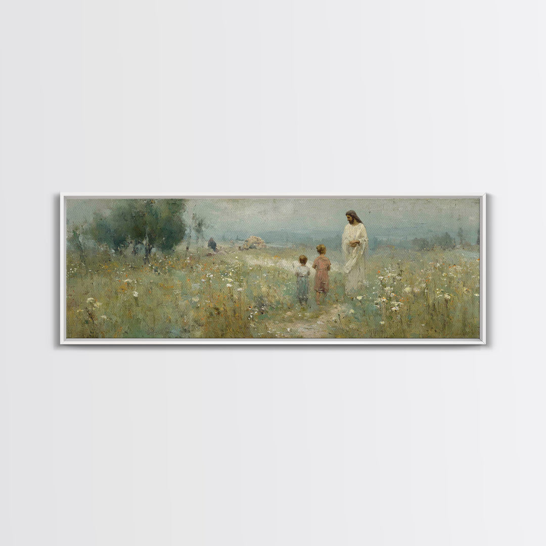 Promise In The Meadow – Framed Canvas Print – Panoramic Art – Christian Wall Art – Christian Art Canvas – Jesus Painting – Christian Art