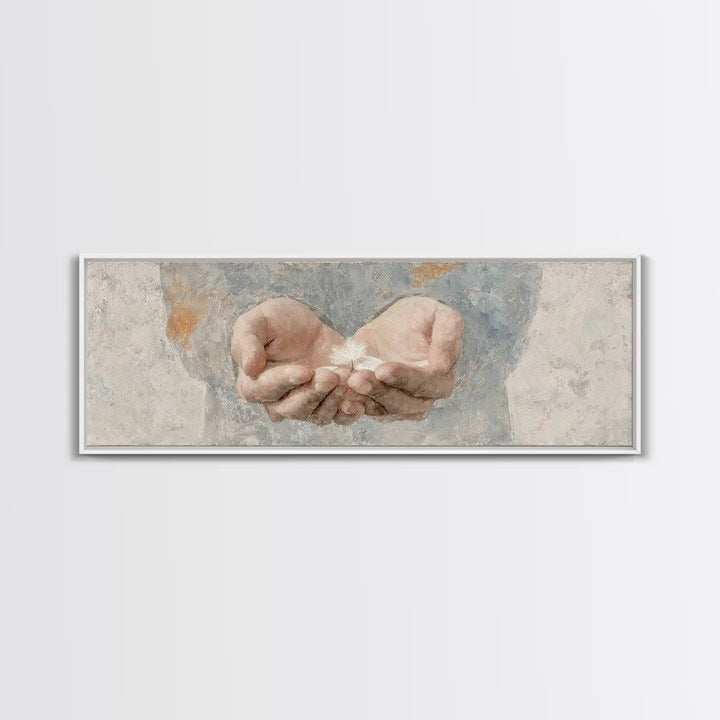 Hands Of Mercy | Framed Canvas Print | Panoramic Painting | Christian Art | Christian Art Canvas | Christian Gift Ideas | Minimalist Christ