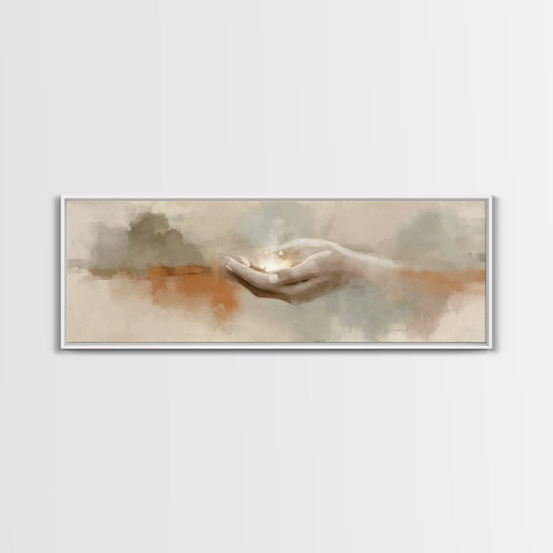 Grace In His Hands, Framed Canvas Print, Panoramic Wall Art, Christian Art Prints, Modern Christian Art, Jesus Art Print, Christian Decor