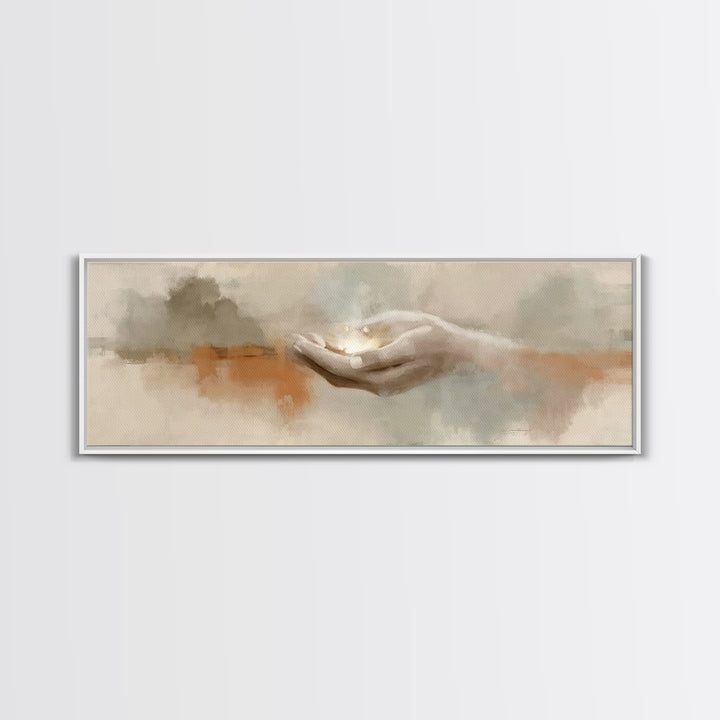 Grace In His Hands, Framed Canvas Print, Panoramic Wall Art, Christian Art Prints, Modern Christian Art, Jesus Art Print, Christian Decor