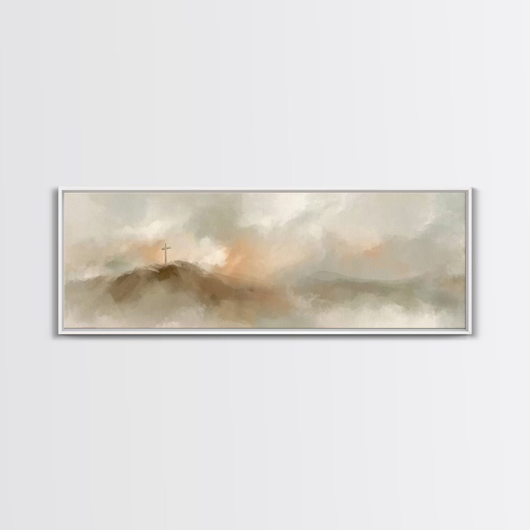 Cross On The Hill – Framed Canvas Print – Christian Art Print – Panoramic Painting – Christian Wall Art – Vintage Christian Art – Christian