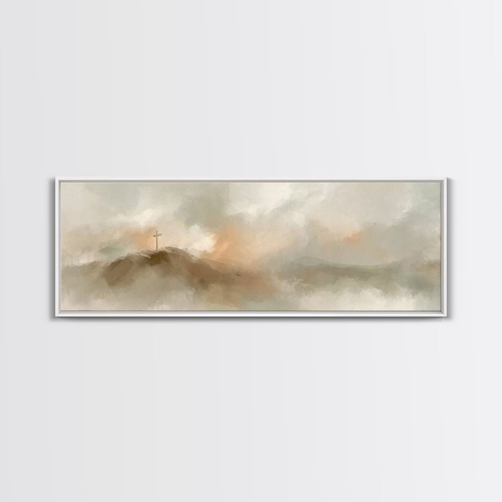 Cross On The Hill – Framed Canvas Print – Christian Art Print – Panoramic Painting – Christian Wall Art – Vintage Christian Art – Christian