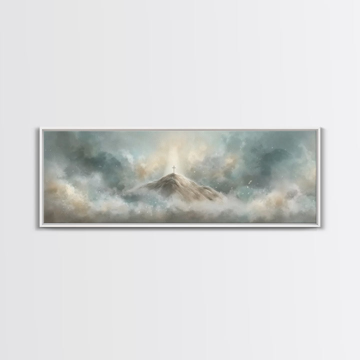 Peaceful Crossrise, Framed Canvas Print, Christian Art Print, Panoramic Painting, Christian Wall Art, Subtle Christian Art, Christian Gift