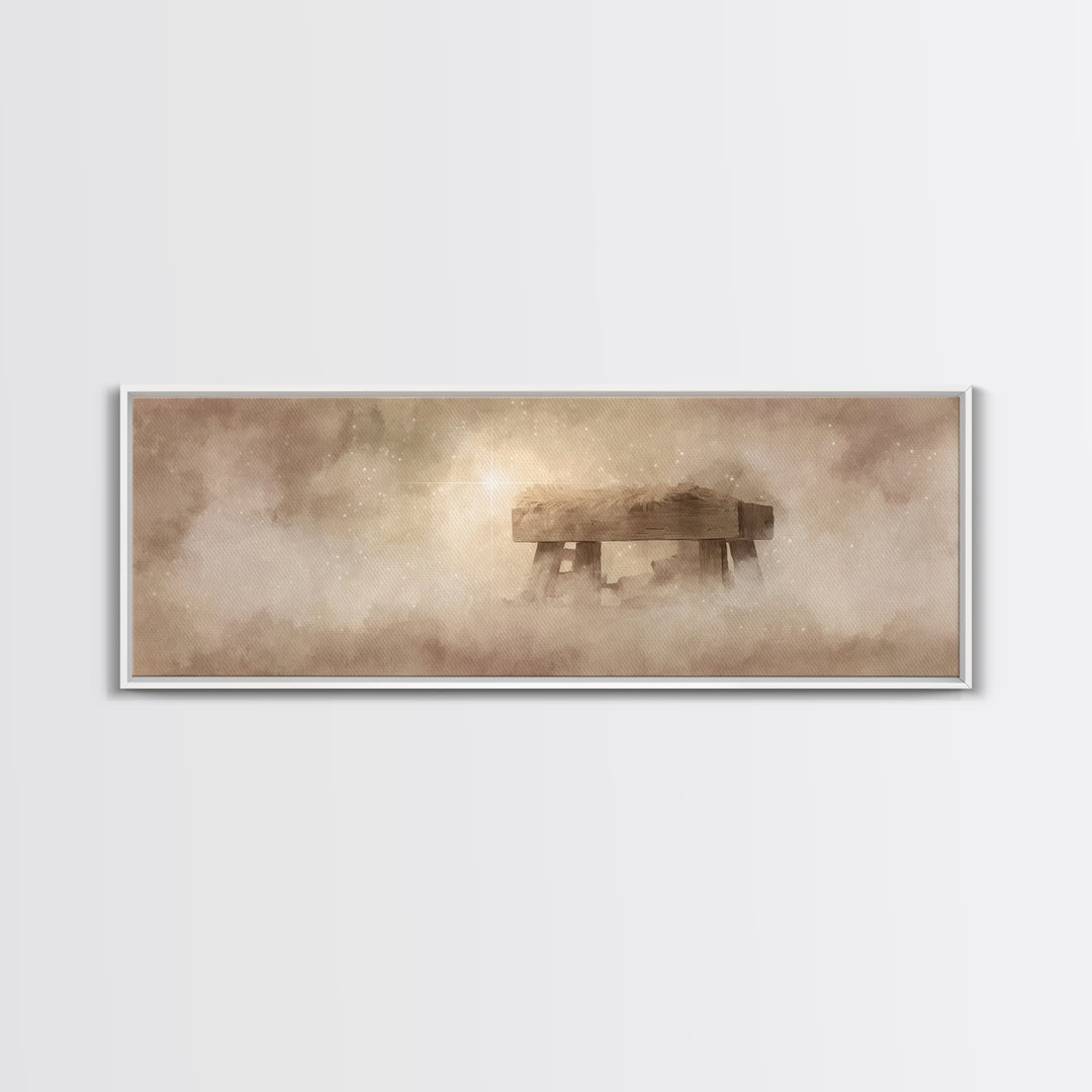 Manger Light Glory, Framed Canvas Print, Christian Art Canvas, Christian Wall Art, Panoramic Painting, Christmas Art Prints, Christian Deco