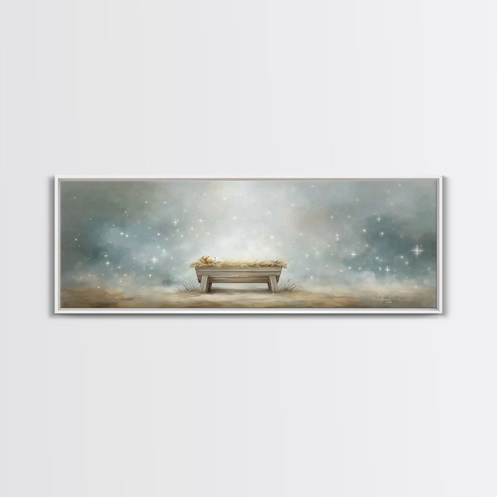 Starry Night Manger, Framed Canvas Print, Christian Christmas Art, Panoramic Art, Christian Wall Art, Jesus Painting