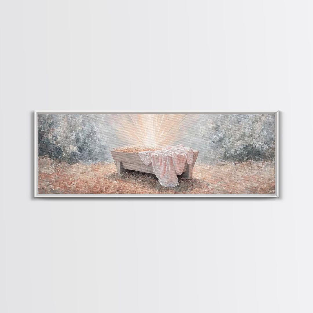 Radiant Manger Joy | Framed Canvas Print | Christian Art Canvas | Panoramic Wall Art | Christmas Wall Art | Christian Decor