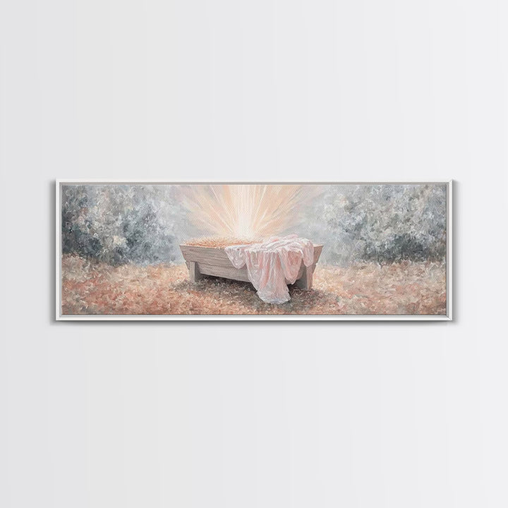 Radiant Manger Joy | Framed Canvas Print | Christian Art Canvas | Panoramic Wall Art | Christmas Wall Art | Christian Decor