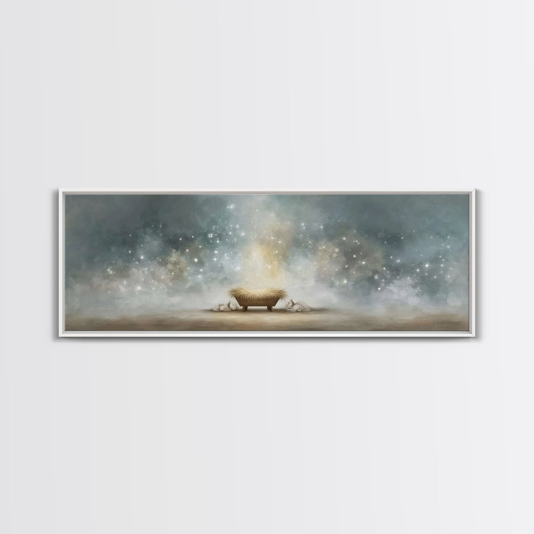 Heavenly Cradle Light, Framed Canvas Print, Panoramic Art, Christian Wall Art, Christmas Art Prints, Christian Art Canvas