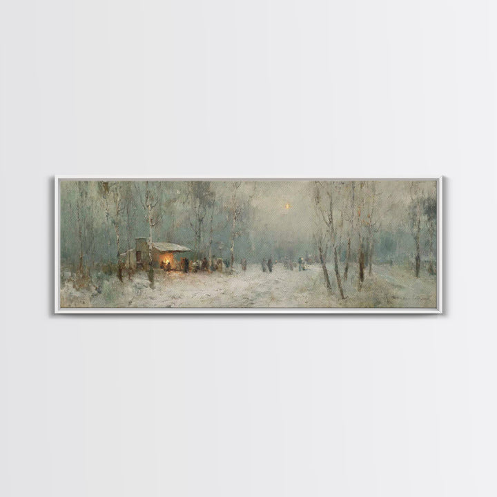 Winter Gathering Glow | Framed Canvas Print | Christian Wall Art | Panoramic Print | Christmas Art | Christian Gift Ideas