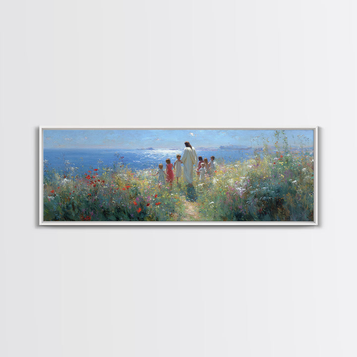 Gentle Dawn Presence | Framed Canvas Print | Christian Wall Art | Panoramic Painting | Christian Art Print | Jesus Painting