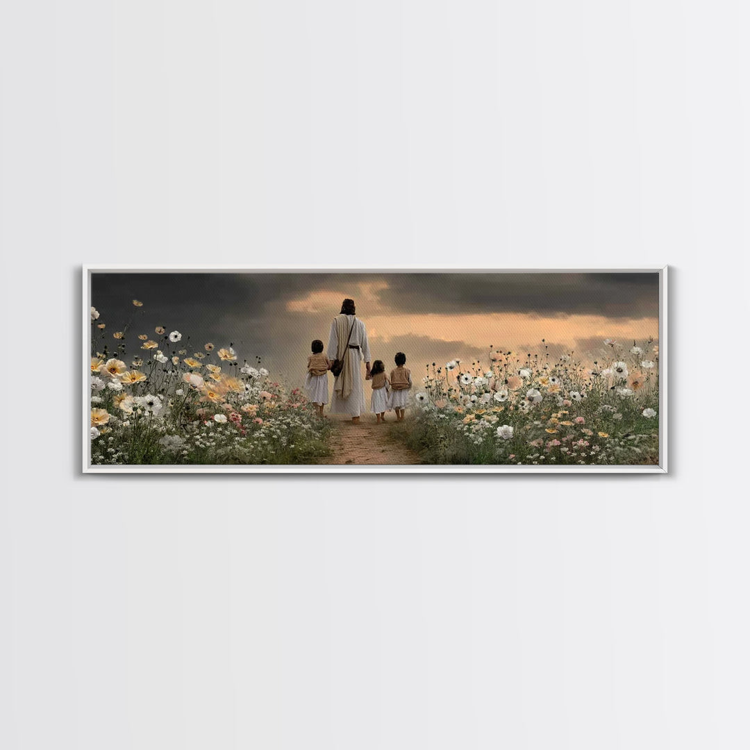 Children Of His Path, Framed Canvas Print, Panoramic Wall Art, Christian Art Canvas, Jesus Painting, Christian Decor For Home