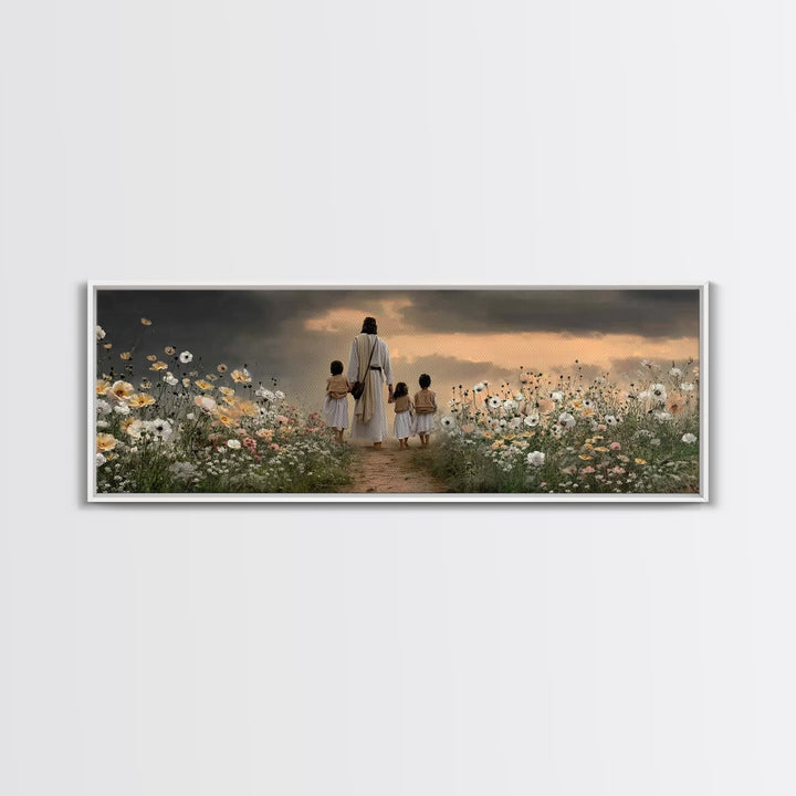 Children Of His Path, Framed Canvas Print, Panoramic Wall Art, Christian Art Canvas, Jesus Painting, Christian Decor For Home