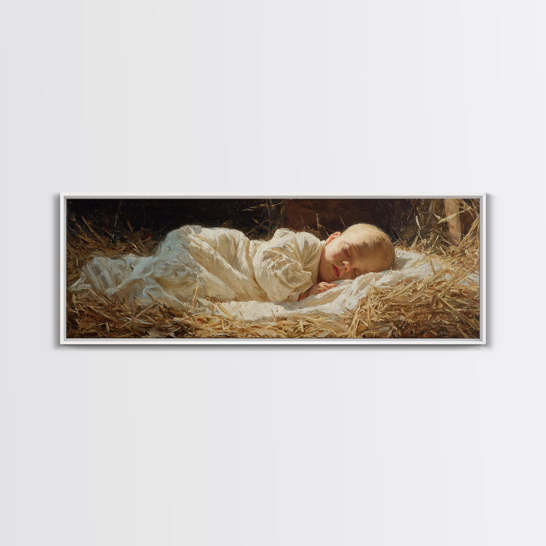 Manger Peace Glow | Framed Canvas Print | Panoramic Painting | Christian Christmas Art | Jesus Art Print | Christmas Wall Art