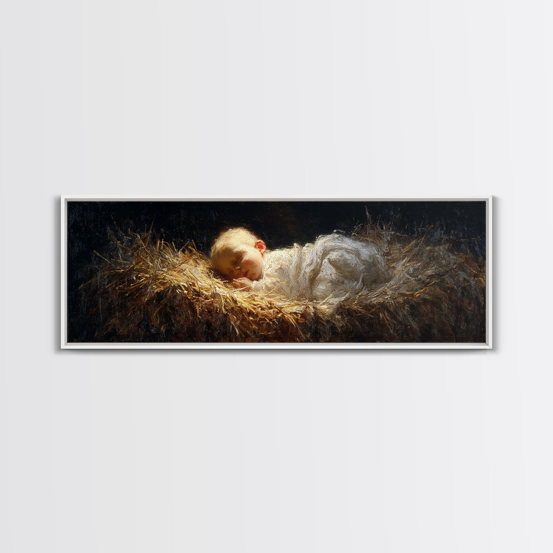 Divine Infant Rest - Framed Canvas Print - Christian Christmas Art - Panoramic Art - Christmas Wall Art - Jesus Painting