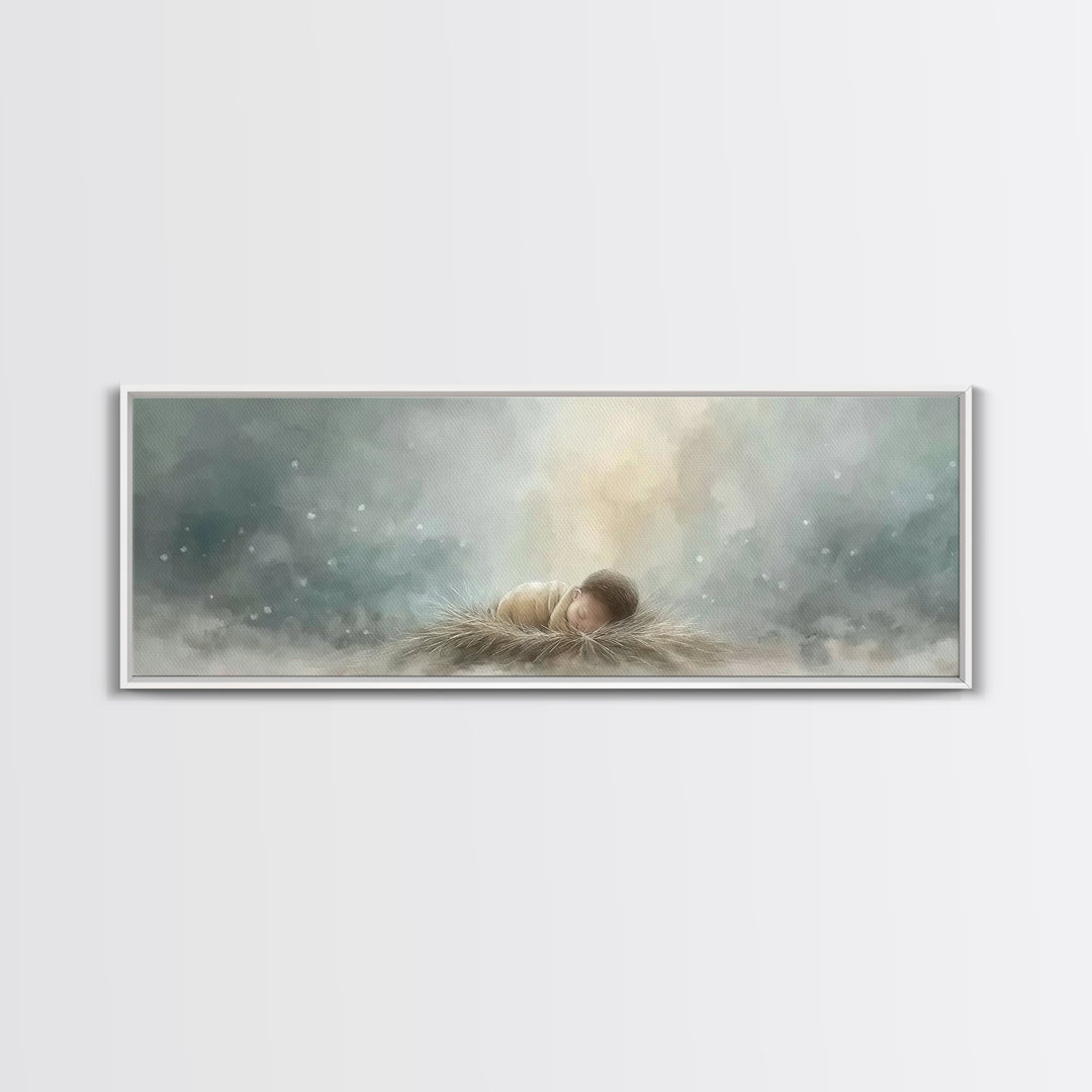 Heaven’s Gentle Gift – Framed Canvas Print – Panoramic Art – Christian Christmas Art – Christian Wall Art – Jesus Art Print