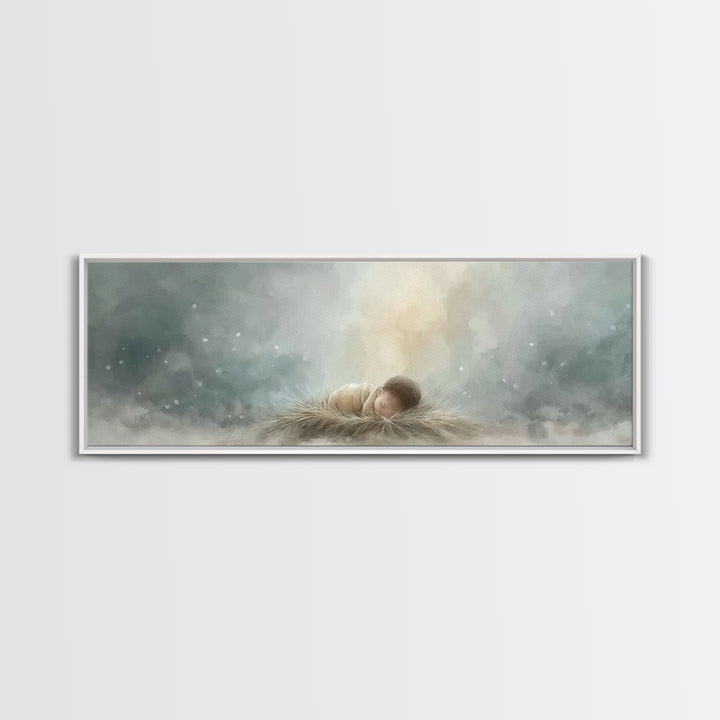 Heaven’s Gentle Gift – Framed Canvas Print – Panoramic Art – Christian Christmas Art – Christian Wall Art – Jesus Art Print