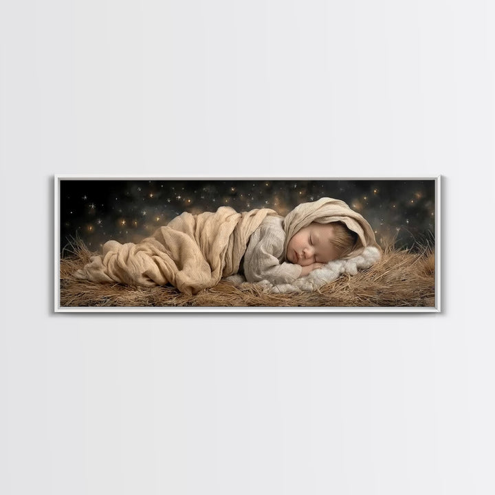 Silent Manger Peace | Framed Canvas Print | Christian Art Canvas | Christmas Wall Art | Jesus Christmas Art | Panoramic Painting | Christia
