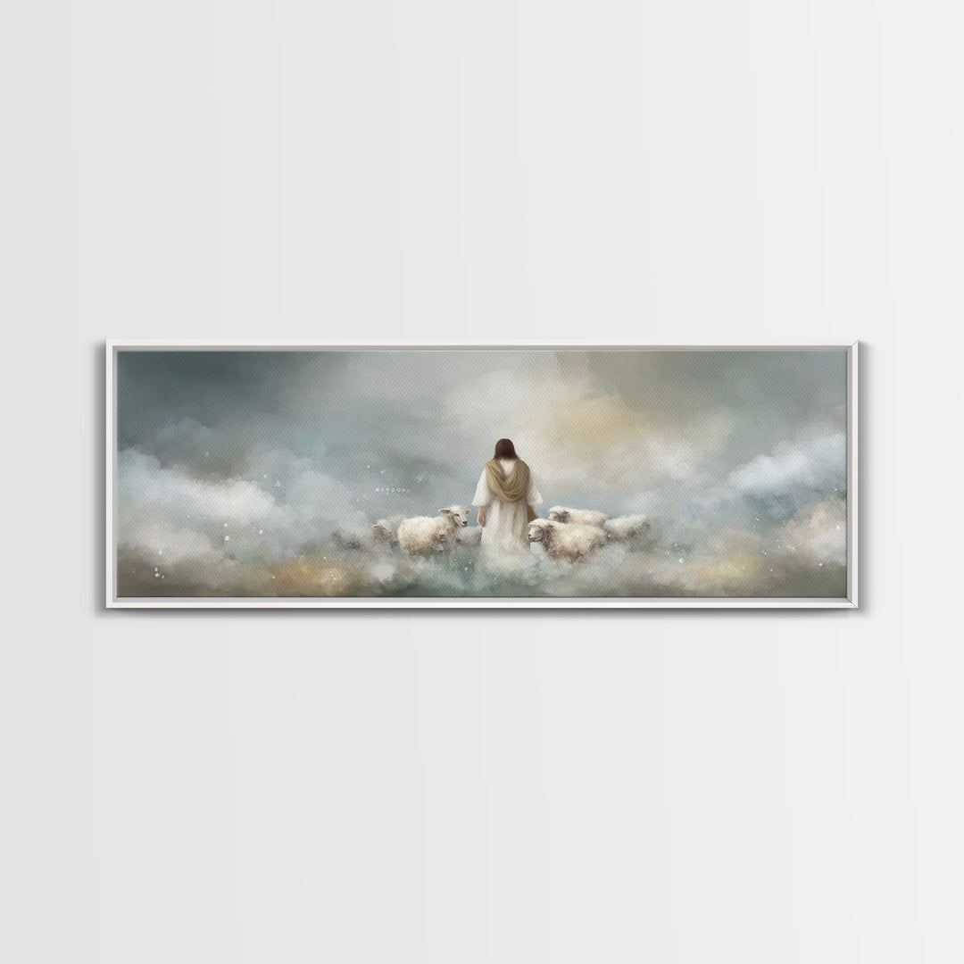 The Gentle Shepherd, Framed Canvas Print, Christian Art Canvas, Jesus Painting, Christian Wall Art, Panoramic Painting, Christian Gift Idea