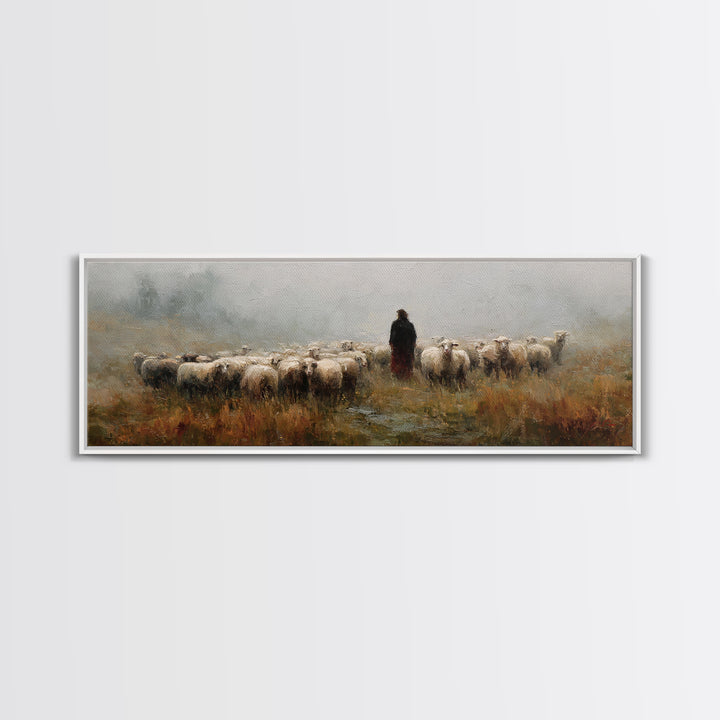 Fields Of His Care – Framed Canvas Print – Christian Art Print – Christian Wall Art – Jesus Painting – Panoramic Wall Art – Christian Chris