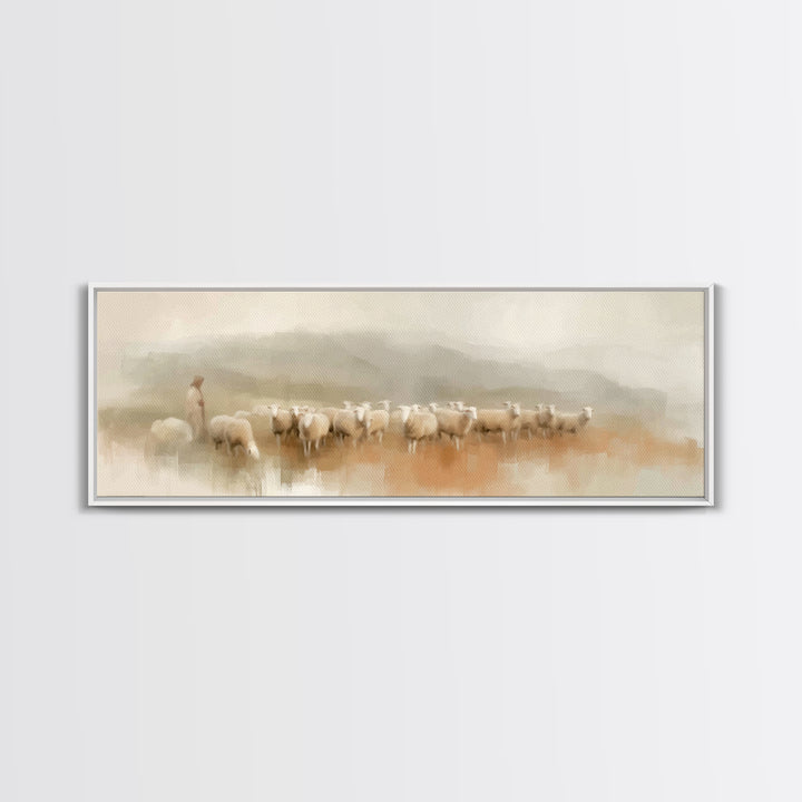 Morning Shepherd Peace, Framed Canvas Print, Panoramic Print, Christian Wall Art, Jesus Painting, Christmas Art