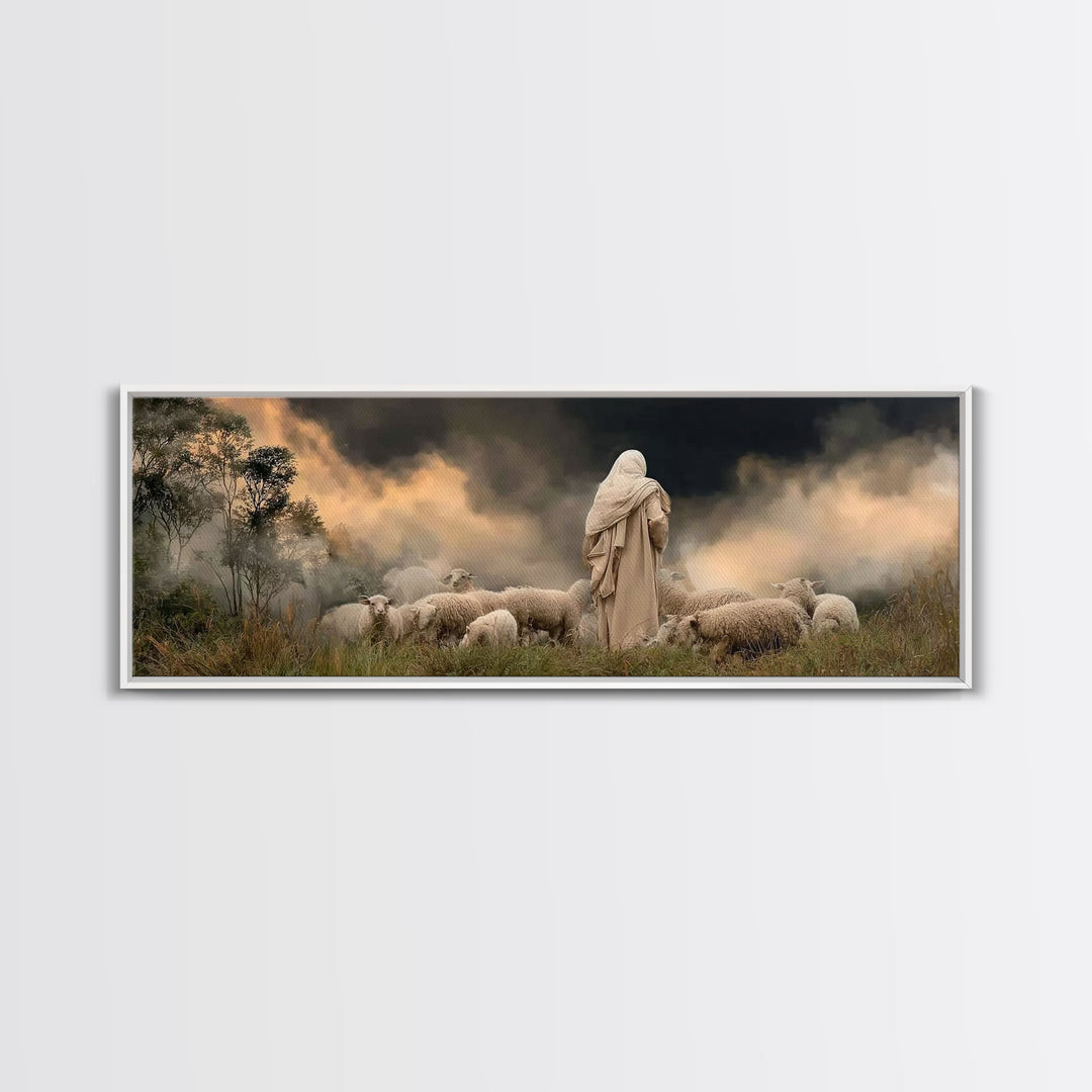 Shepherd’s Calm Dawn – Framed Canvas Print – Panoramic Art – Christian Art – Jesus Painting – Christmas Wall Art