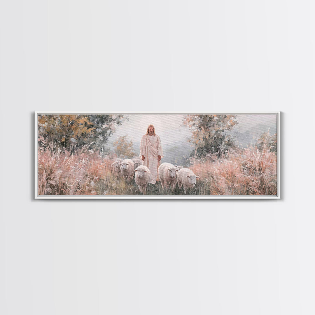Everlasting Pasture, Framed Canvas Print, Panoramic Wall Art, Christian Art Canvas, Jesus Painting, Christmas Art