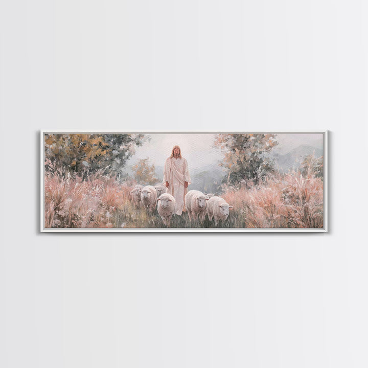 Everlasting Pasture, Framed Canvas Print, Panoramic Wall Art, Christian Art Canvas, Jesus Painting, Christmas Art