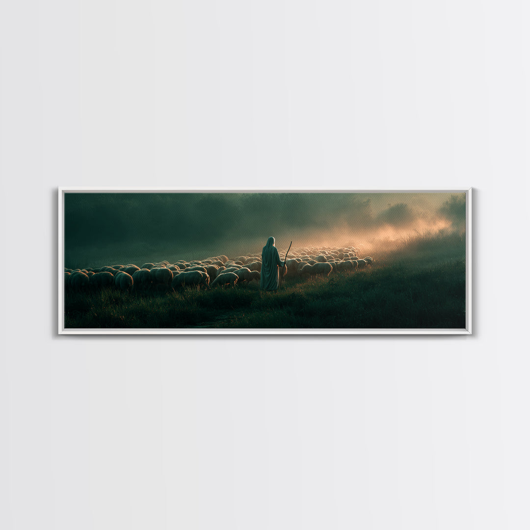 Shepherd’s Gentle Path | Framed Canvas Print | Panoramic Frame | Christian Art | Jesus Painting | Christmas Art