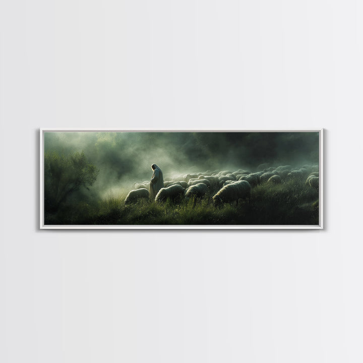 Haven Of The Shepherd, Framed Canvas Print, Panoramic Art, Christian Art Canvas, Jesus Painting, Christmas Decor