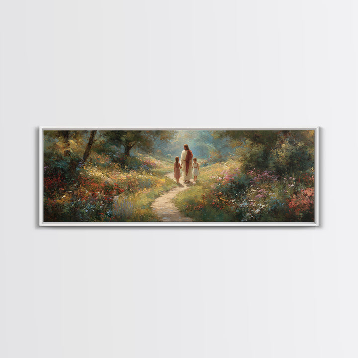 Sunlit Garden Peace – Framed Canvas Print – Panoramic Art – Jesus Painting – Christian Wall Art – Christian Art Print