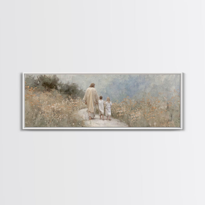 Quiet Meadow Journey, Framed Canvas Print, Panoramic Wall Art, Christian Art Print, Jesus Painting, Christian Art