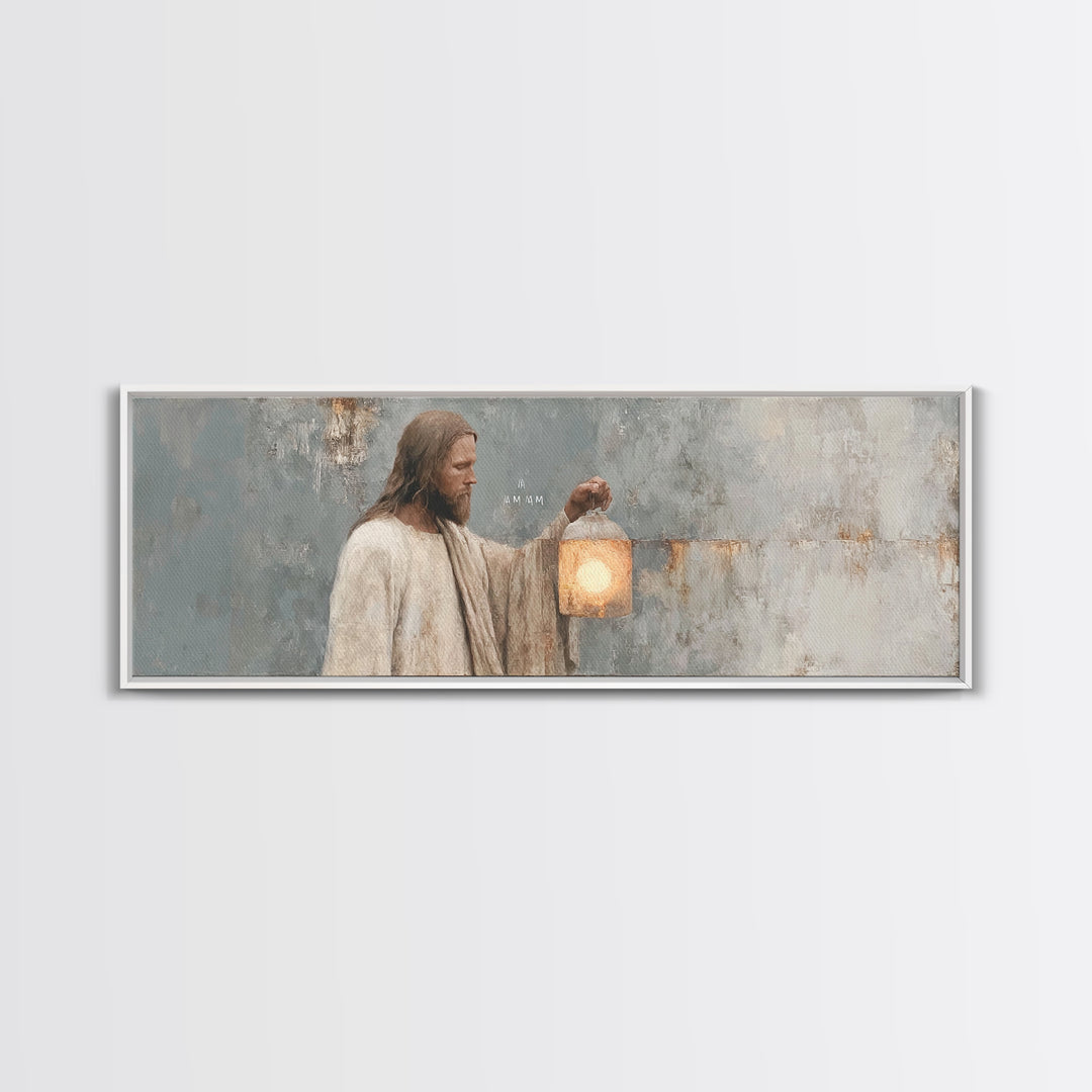Guiding Lantern Light – Framed Canvas Print – Panoramic Art – Christian Wall Art – Jesus Painting – Christian Art Canvas – Christian Decor