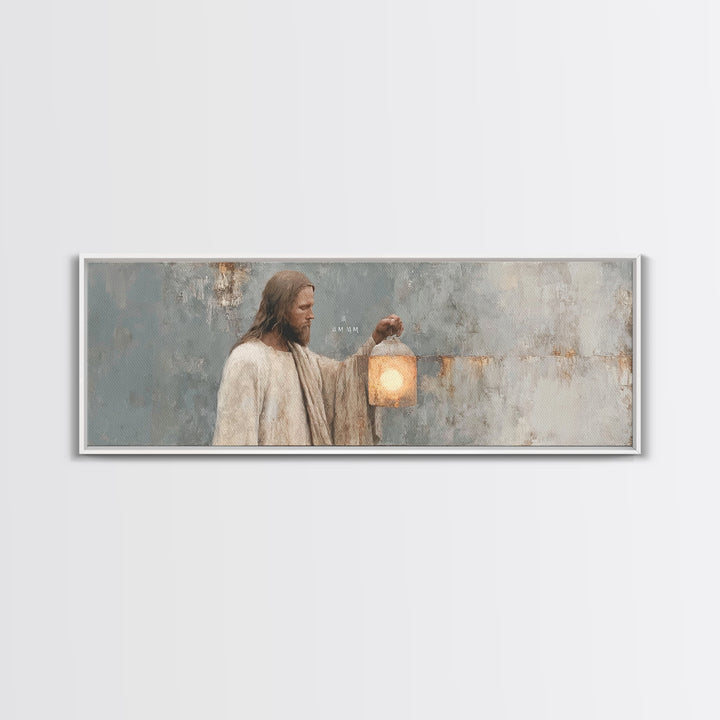 Guiding Lantern Light – Framed Canvas Print – Panoramic Art – Christian Wall Art – Jesus Painting – Christian Art Canvas – Christian Decor