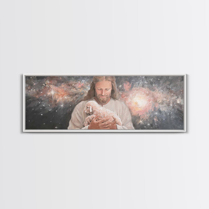 Galactic Embrace, Framed Canvas Print, Panoramic Painting, Jesus Art Print, Christian Wall Art, Christian Art Canvas, Christian Gift