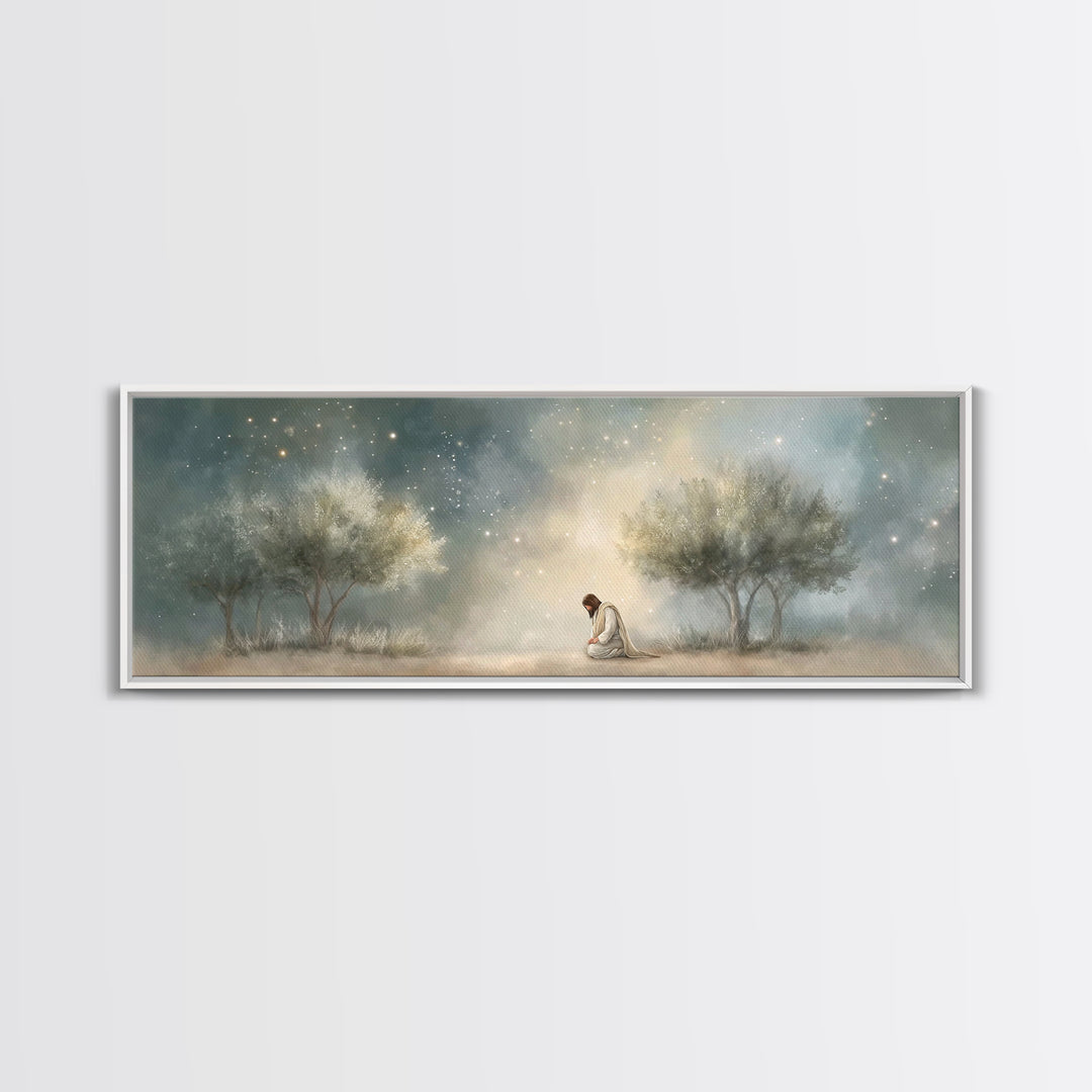 Night Of Devotion – Framed Canvas Print – Christian Art – Jesus Painting – Panoramic Art – Christian Decor – Christian Gift – Large Christi