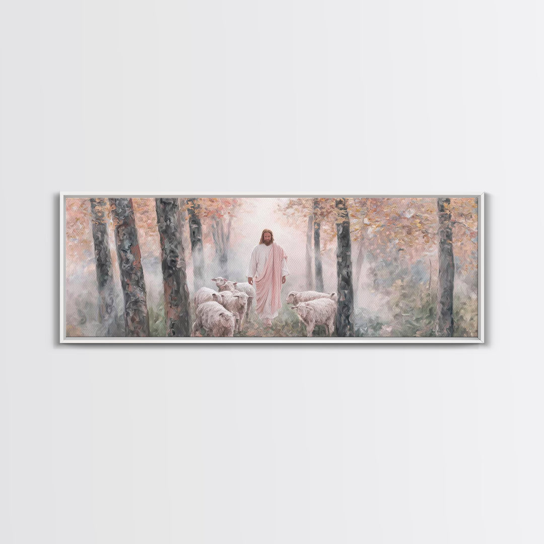 Mist Of The Flock, Framed Canvas Print, Christian Art, Jesus Painting, Panoramic Art, Christian Decor, Christian Gift, Large Christian Art,