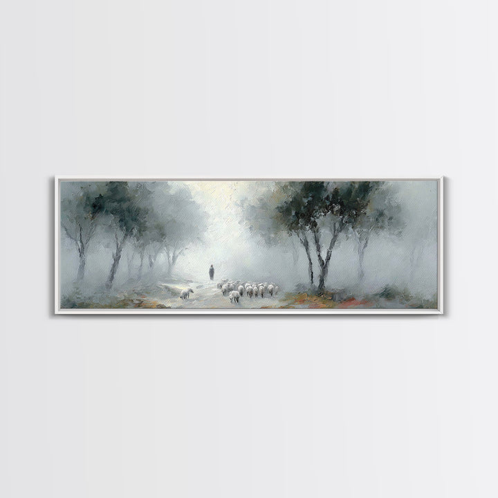 Morning Shepherd Calm – Framed Canvas Print – Panoramic Print – Christian Art Work – Christian Christmas Art – Jesus Painting – Christian D
