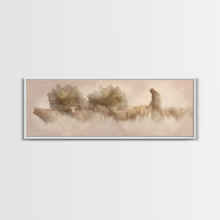 Shepherd Of Dawn | Framed Canvas Print | Panoramic Frame | Christian Art Canvas | Jesus Wall Art | Christmas Art | Christian Gift Ideas