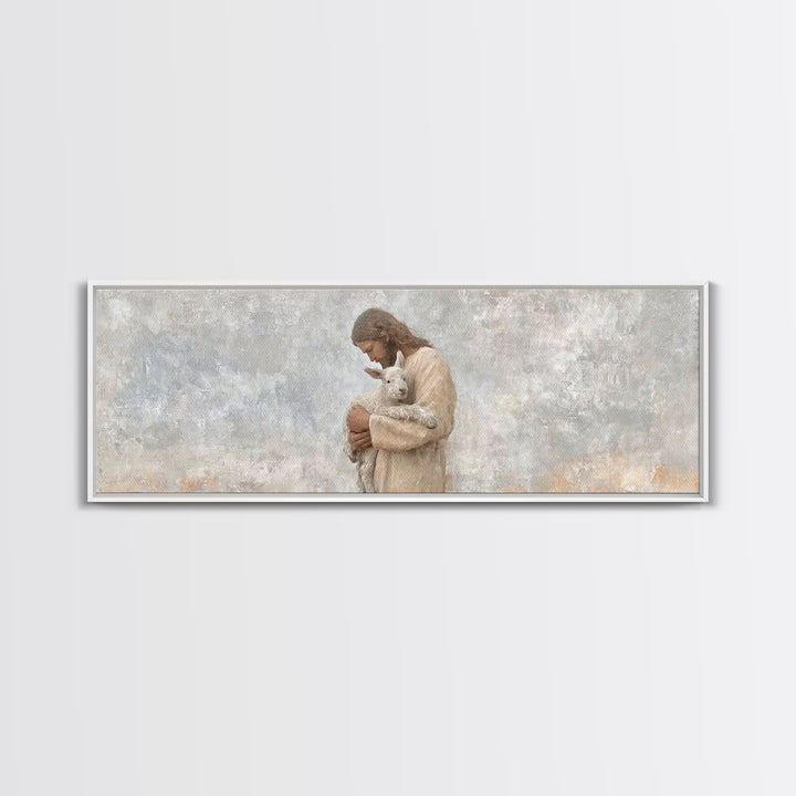 Lamb Of Comfort – Framed Canvas Print – Panoramic Wall Art – Jesus Christmas Art – Christian Art Print – Christmas Canvas Wall Art – Christ