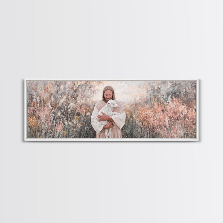 Compassionate Shepherd, Framed Canvas Print, Panoramic Print, Jesus Canvas Art, Christian Wall Art, Christmas Art Prints, Modern Christian