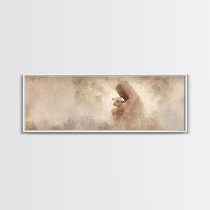Tender Shepherd Love | Framed Canvas Print | Panoramic Wall Art | Jesus Painting | Christian Art Print | Christian Christmas Art | Modern C