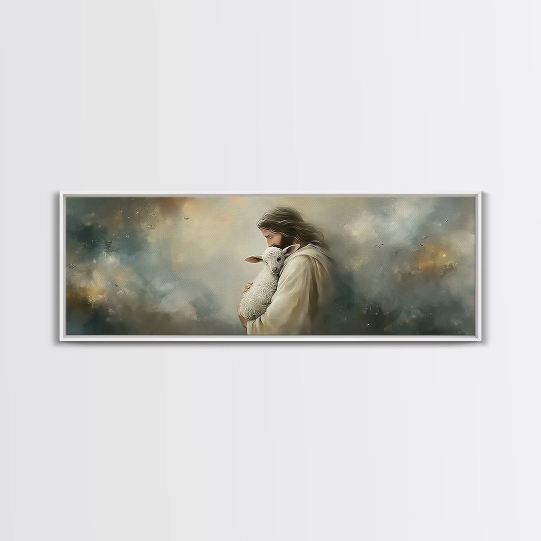 Heaven’s Gentle Care, Framed Canvas Print, Panoramic Painting, Jesus Canvas Art, Christian Wall Art, Christmas Art Prints, Subtle Christian