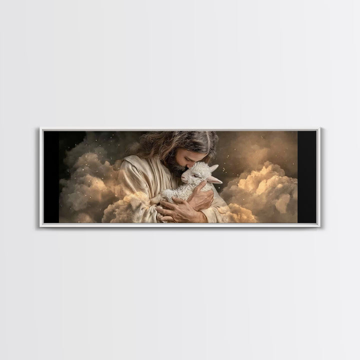 Sacred Lamb Embrace – Framed Canvas Print – Panoramic Frame – Christian Art Canvas – Jesus Wall Art – Christmas Art Work – Christian Gift I