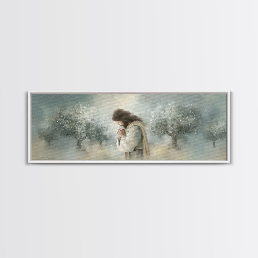 Olive Grove Prayer – Framed Canvas Print – Panoramic Painting – Christian Art Canvas – Jesus Painting – Christmas Wall Art – Subtle Christi