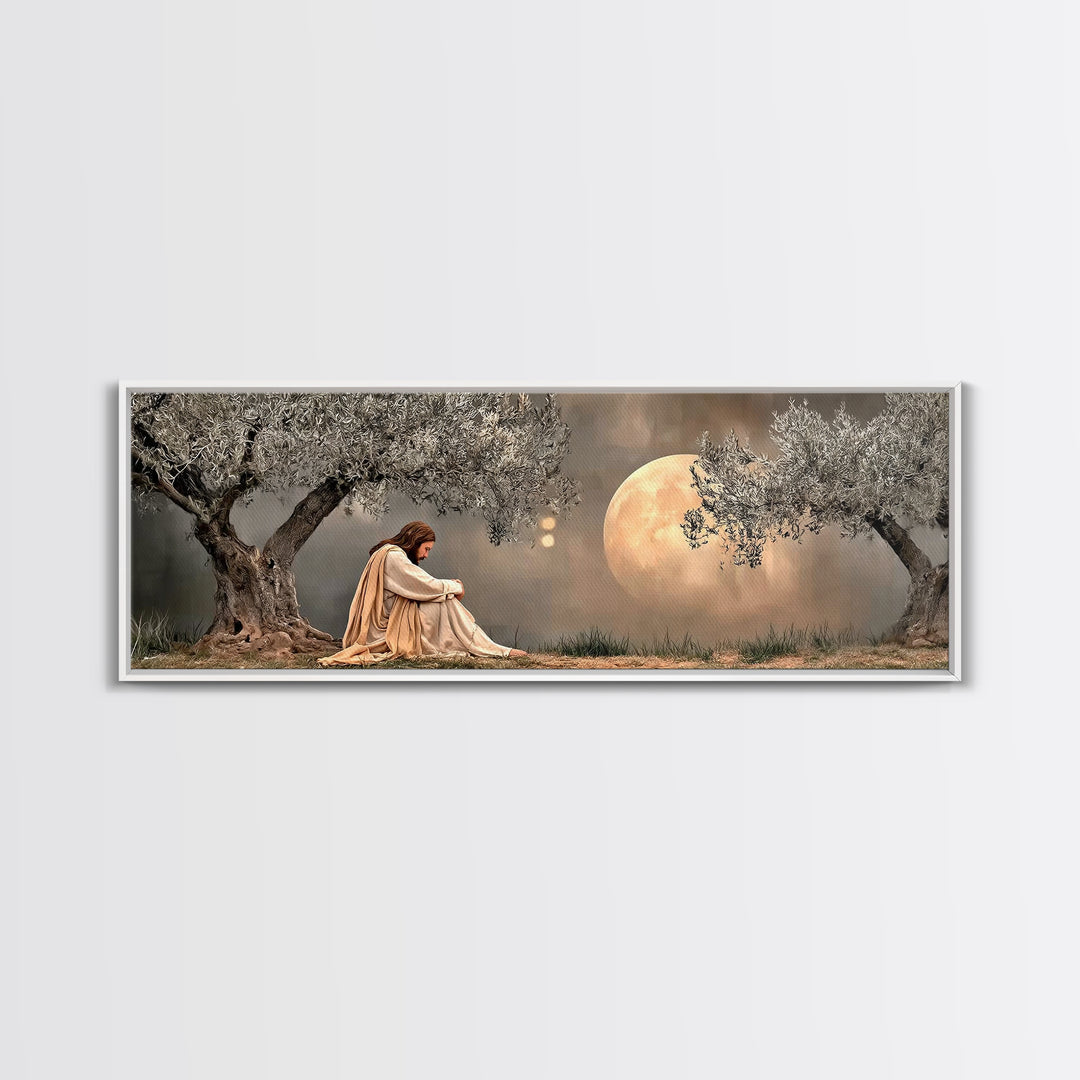 Moonlit Garden Prayer, Framed Canvas Print, Panoramic Painting, Jesus Painting Canvas, Christian Art Canvas, Christian Wall Art, Christmas