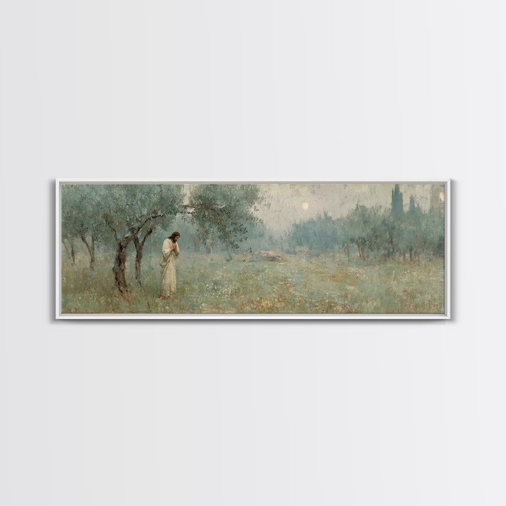Olive Grove Prayer, Framed Canvas Print, Panoramic Wall Art, Christian Art Canvas, Jesus Painting, Christian Wall Art, Christian Christmas