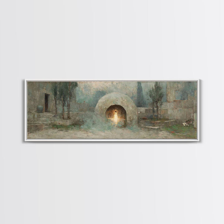 Silent Tombstone Glow, Framed Canvas Print, Panoramic Frame, Christian Art Canvas, Christian Painting, Jesus Wall Art, Christian Christmas
