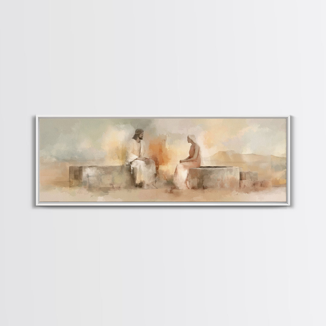 Living Water Meeting | Framed Canvas Print | Panoramic Wall Art | Christian Art Canvas | Christian Painting | Jesus Art Print | Christian D