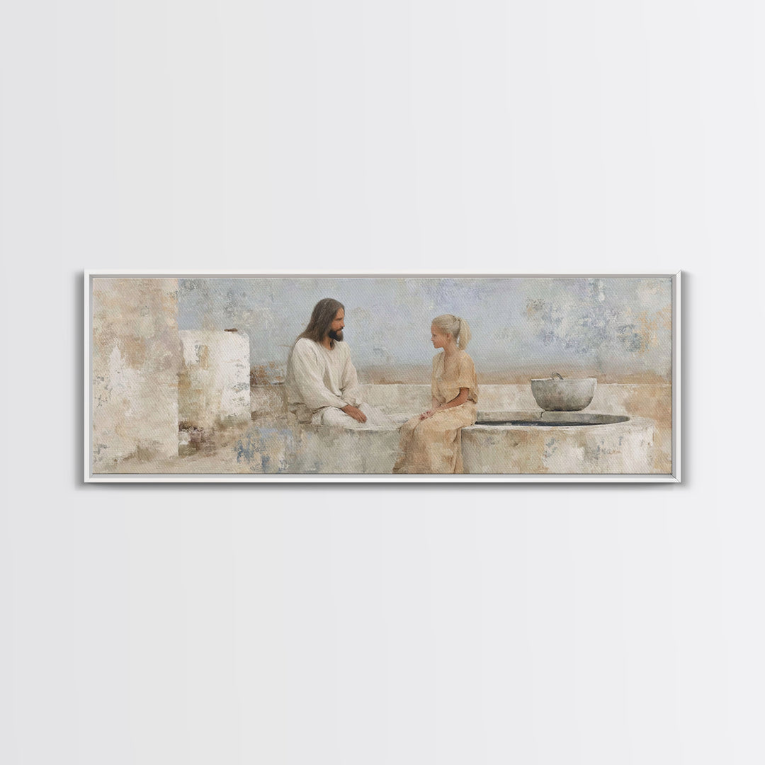 Quiet Well Encounter | Framed Canvas Print | Christian Art Canvas | Jesus Painting | Panoramic Painting | Christian Wall Art | Christian Gi